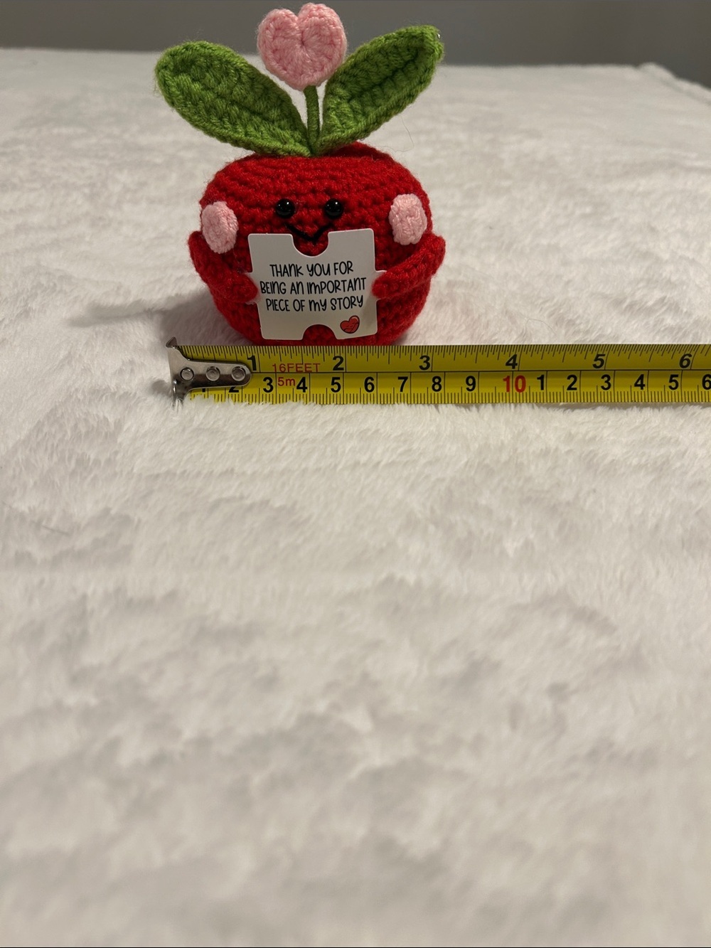 Handmade Red Crochet Apple Plush with Pink Heart Accent. Emotional gift. - Picture 3 of 6